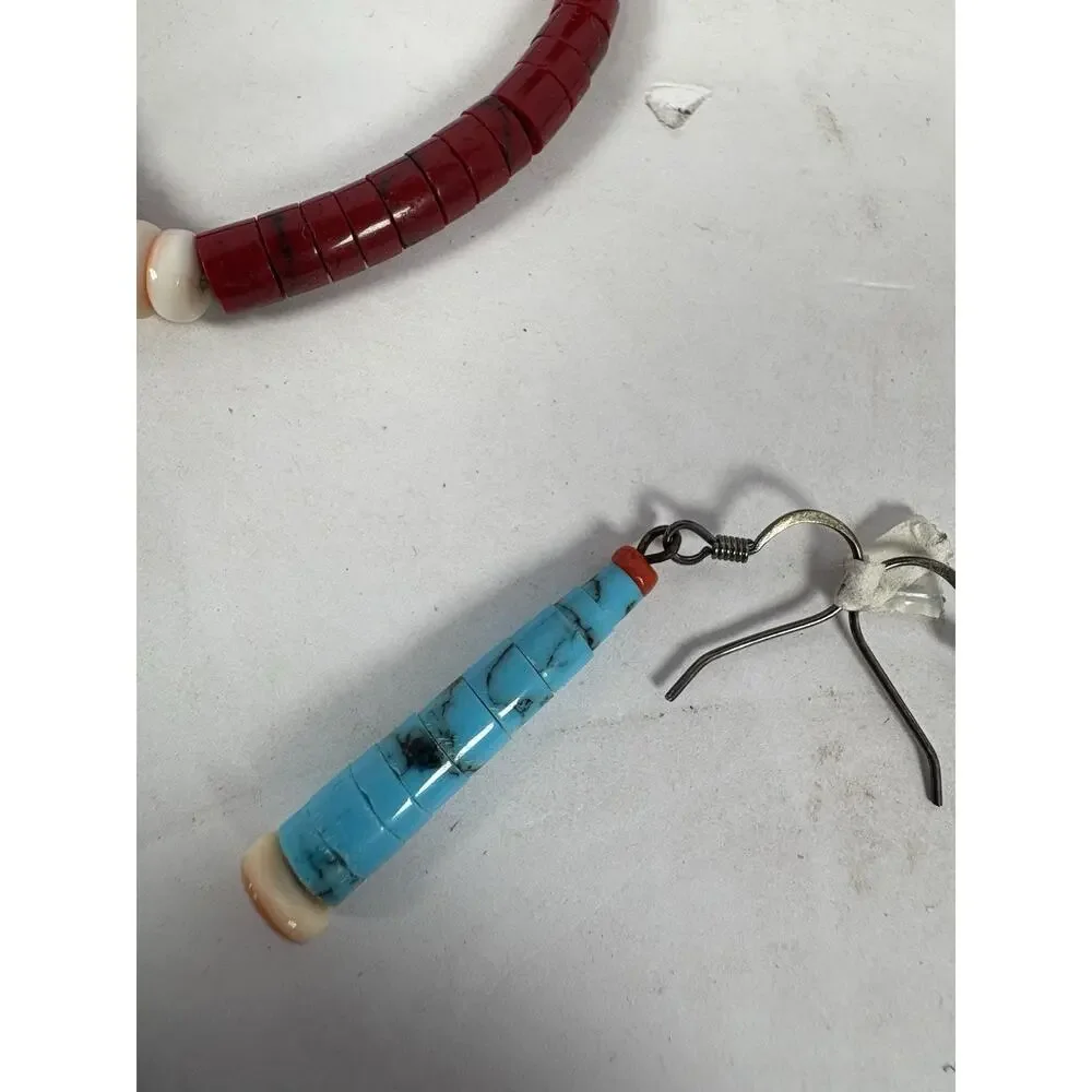 Block Turquoise and Coral Graduated Heishi Necklace, Bracelets And Earrings Set - Picture 10 of 15